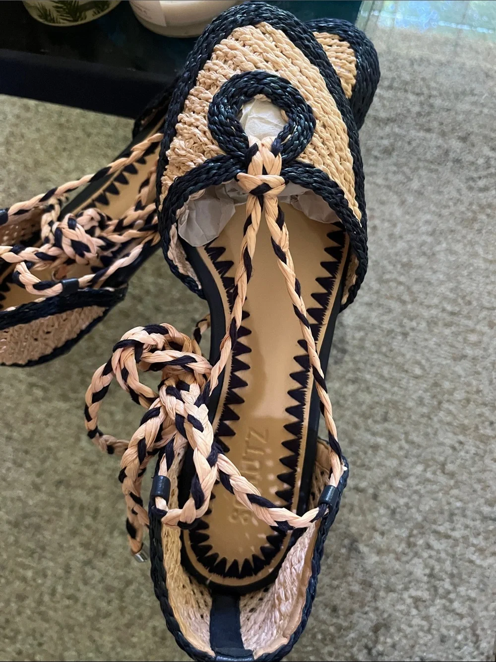 SCHUTZ Two-Tone Braided Espadrille Flats in Beige and blue